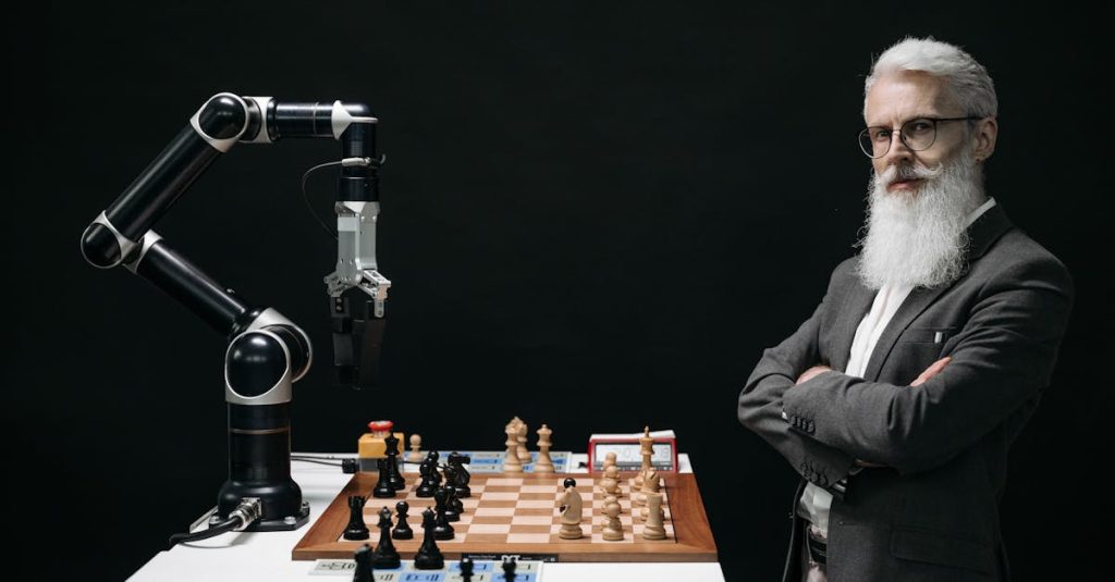 Braço robótico jogando xadrez contra humano — metáfora para a IA subsidiada e estratégia tecnológica